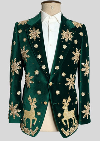 Men’s Green Velvet Christmas Embroidered Blazer – Reindeer & Snowflake Handwork Festive Party Jacket