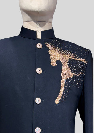 Men’s Black Bandhgala Blazer with Gold Horse Embellishment Cocktail Party Outfit