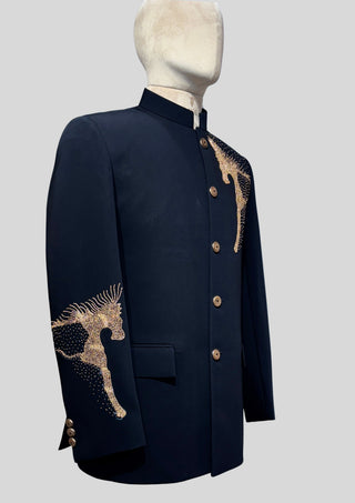 Men’s Black Bandhgala Blazer with Gold Horse Embellishment Cocktail Party Outfit