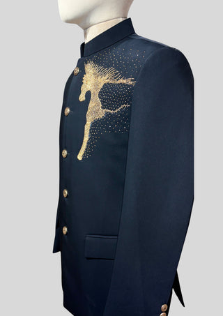 Men’s Black Bandhgala Blazer with Gold Horse Embellishment Cocktail Party Outfit