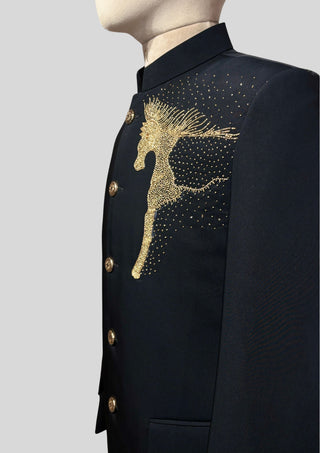 Men’s Black Bandhgala Blazer with Gold Horse Embellishment Cocktail Party Outfit