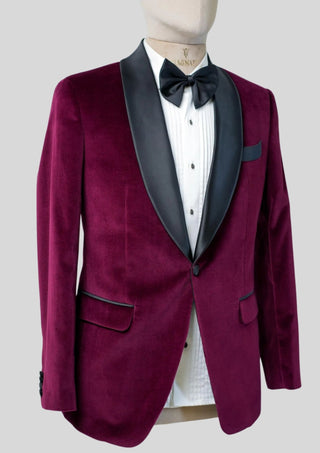 Men’s Wine Velvet Tuxedo Blazer with Black Satin Shawl Lapel Wedding Cocktail Party Outfit