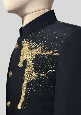 Men’s Black Bandhgala Blazer with Gold Horse Embellishment Cocktail Party Outfit