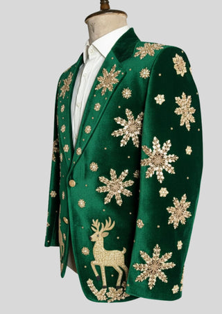 Men’s Green Velvet Christmas Embroidered Blazer – Reindeer & Snowflake Handwork Festive Party Jacket