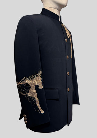 Men’s Black Bandhgala Blazer with Gold Horse Embellishment Cocktail Party Outfit