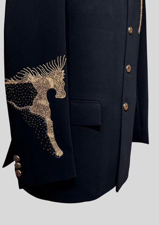 Men’s Black Bandhgala Blazer with Gold Horse Embellishment Cocktail Party Outfit