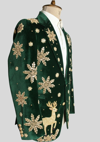 Men’s Green Velvet Christmas Embroidered Blazer – Reindeer & Snowflake Handwork Festive Party Jacket
