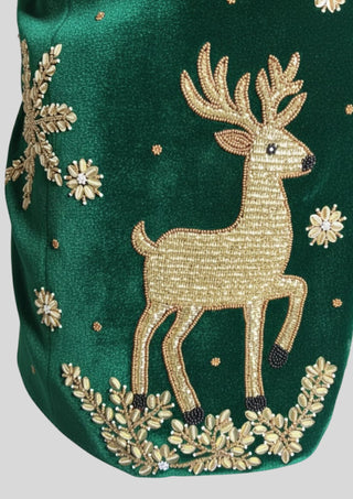 Men’s Green Velvet Christmas Embroidered Blazer – Reindeer & Snowflake Handwork Festive Party Jacket
