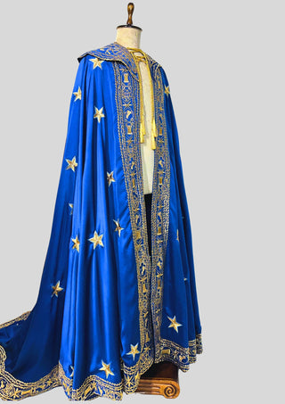 Men Blue Satin Gold Embroidered Cloak Cape Custom Historical Mantle Theatrical Costume Wedding Outfit