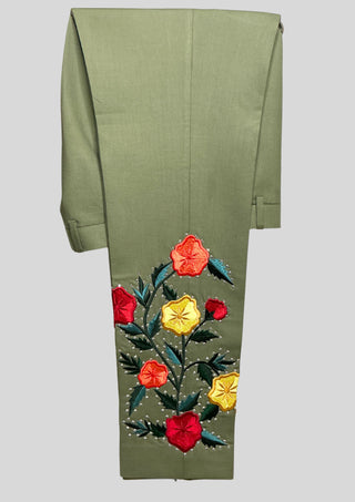 Men’s Country Western 3 Piece Suit – Olive Green Floral Embroidered Groom Suit with Rhinestone Work, Blazer Vest & Matching Tie