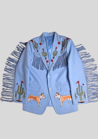 Men’s Powder Blue Country Western Suit – 2 Piece Cowboy Wedding Outfit with Cactus Embroidery & Fringe Detail
