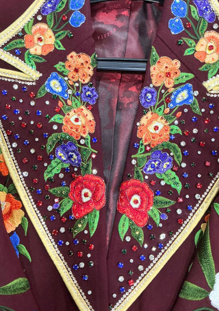Women’s Maroon Floral Embroidered 2 Piece Suit – Handcrafted Western Blazer & Pant Set
