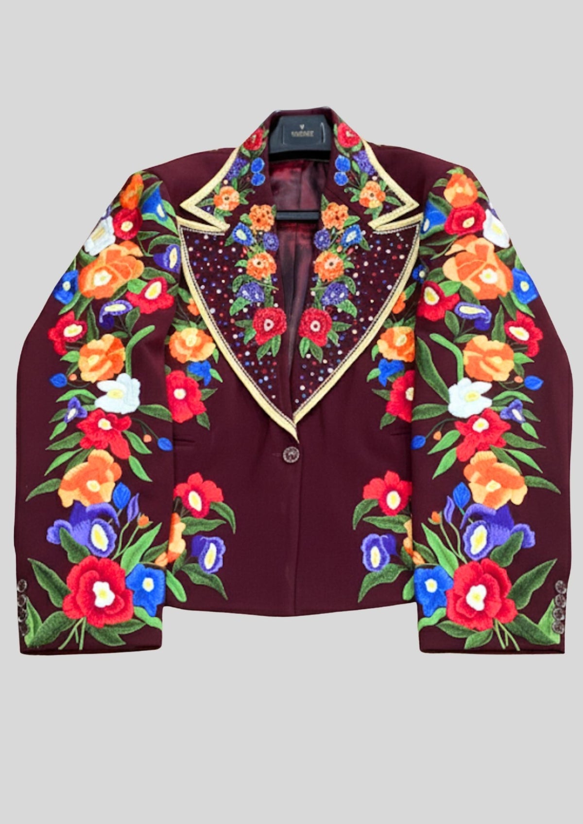 Women’s Maroon Floral Embroidered 2 Piece Suit – Handcrafted Western Blazer & Pant Set