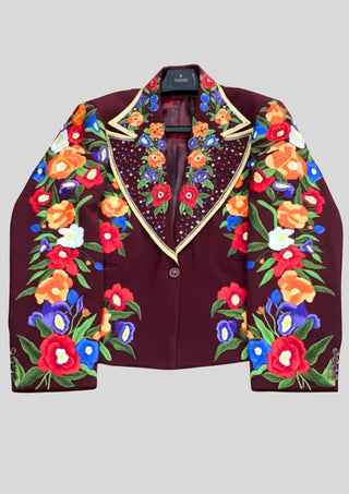 Women’s Maroon Floral Embroidered 2 Piece Suit – Handcrafted Western Blazer & Pant Set