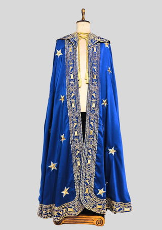 Men Blue Satin Gold Embroidered Cloak Cape Custom Historical Mantle Theatrical Costume Wedding Outfit