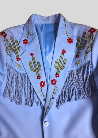 Men’s Powder Blue Country Western Suit – 2 Piece Cowboy Wedding Outfit with Cactus Embroidery & Fringe Detail