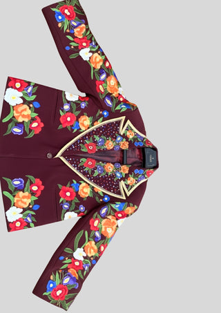 Women’s Maroon Floral Embroidered 2 Piece Suit – Handcrafted Western Blazer & Pant Set