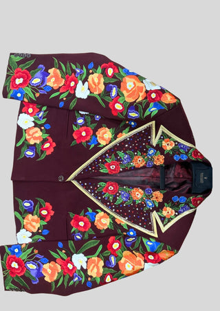 Women’s Maroon Floral Embroidered 2 Piece Suit – Handcrafted Western Blazer & Pant Set
