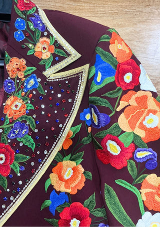 Women’s Maroon Floral Embroidered 2 Piece Suit – Handcrafted Western Blazer & Pant Set