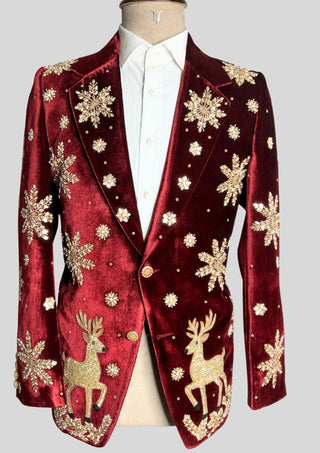 Men’s Maroon Velvet Christmas Embroidered Blazer – Reindeer & Snowflake Handwork Festive Party Jacket
