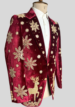 Men’s Maroon Velvet Christmas Embroidered Blazer – Reindeer & Snowflake Handwork Festive Party Jacket