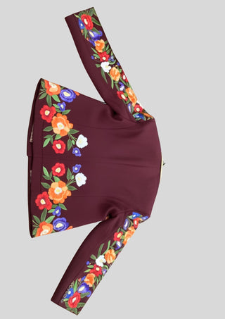 Women’s Maroon Floral Embroidered 2 Piece Suit – Handcrafted Western Blazer & Pant Set