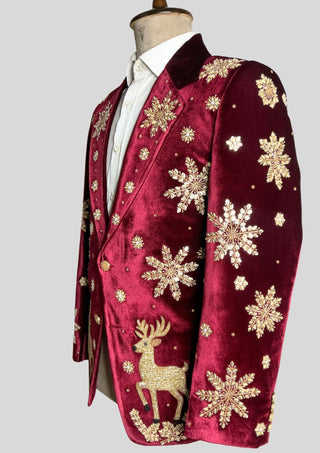 Men’s Maroon Velvet Christmas Embroidered Blazer – Reindeer & Snowflake Handwork Festive Party Jacket