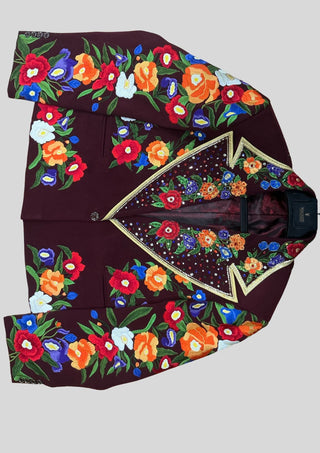 Women’s Maroon Floral Embroidered 2 Piece Suit – Handcrafted Western Blazer & Pant Set