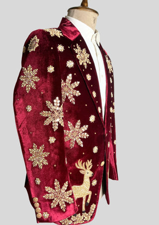 Men’s Maroon Velvet Christmas Embroidered Blazer – Reindeer & Snowflake Handwork Festive Party Jacket