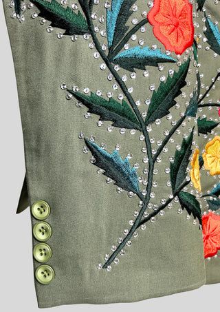 Men’s Country Western 3 Piece Suit – Olive Green Floral Embroidered Groom Suit with Rhinestone Work, Blazer Vest & Matching Tie