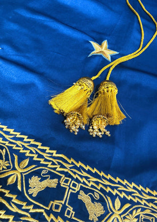 Men Blue Satin Gold Embroidered Cloak Cape Custom Historical Mantle Theatrical Costume Wedding Outfit