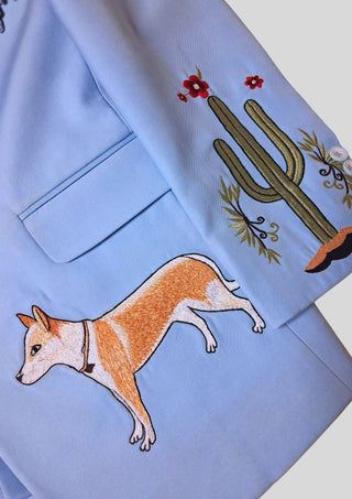 Men’s Powder Blue Country Western Suit – 2 Piece Cowboy Wedding Outfit with Cactus Embroidery & Fringe Detail