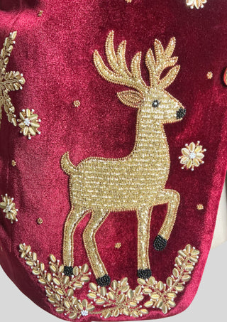 Men’s Maroon Velvet Christmas Embroidered Blazer – Reindeer & Snowflake Handwork Festive Party Jacket