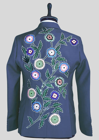 Men’s Blue Country Western Floral Embroidered 3 Piece Suit with Matching Tie Country Groom Outfit