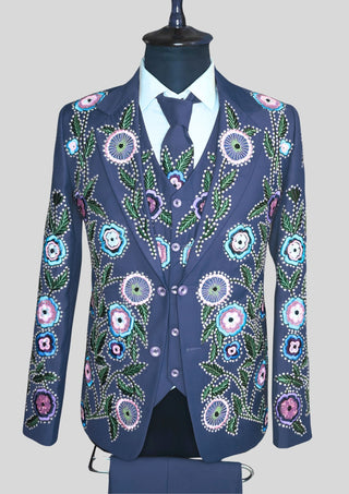 Men’s Blue Country Western Floral Embroidered 3 Piece Suit with Matching Tie Country Groom Outfit