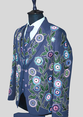 Men’s Blue Country Western Floral Embroidered 3 Piece Suit with Matching Tie Country Groom Outfit