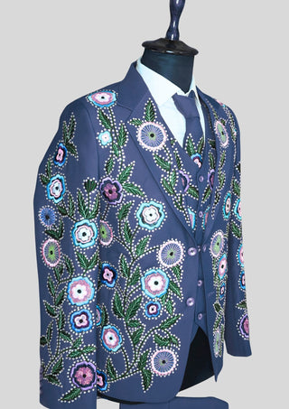 Men’s Blue Country Western Floral Embroidered 3 Piece Suit with Matching Tie Country Groom Outfit