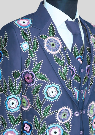 Men’s Blue Country Western Floral Embroidered 3 Piece Suit with Matching Tie Country Groom Outfit