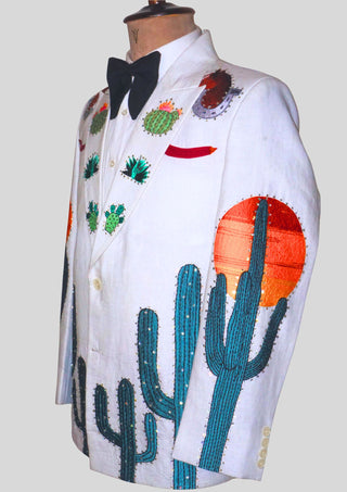 Men White Linen Embroidered Country Western Blazer Cowboy Party Outfit