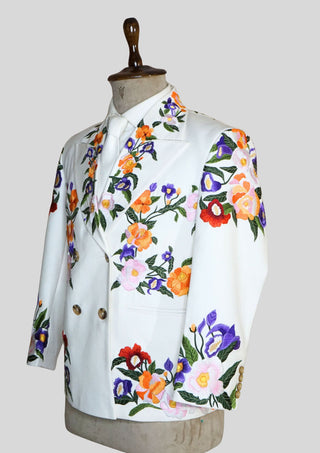 Men’s White Country Western Floral Embroidered Double Breasted Blazer – Cowboy Wedding & Party Wear