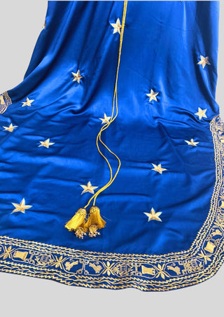 Men Blue Satin Gold Embroidered Cloak Cape Custom Historical Mantle Theatrical Costume Wedding Outfit
