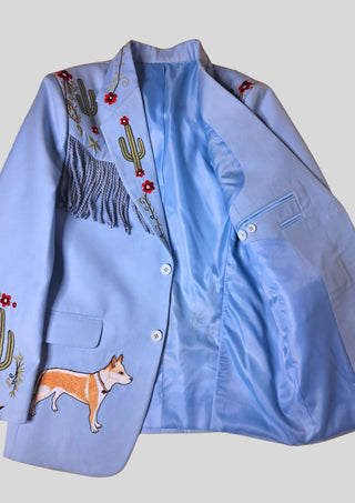 Men’s Powder Blue Country Western Suit – 2 Piece Cowboy Wedding Outfit with Cactus Embroidery & Fringe Detail