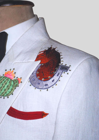 Men White Linen Embroidered Country Western Blazer Cowboy Party Outfit