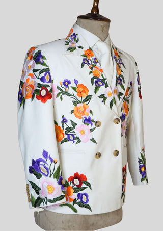 Men’s White Country Western Floral Embroidered Double Breasted Blazer – Cowboy Wedding & Party Wear
