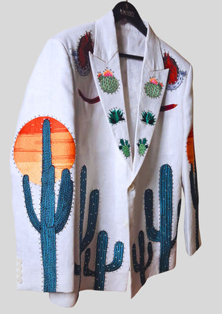 Men White Linen Embroidered Country Western Blazer Cowboy Party Outfit