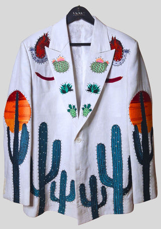Men White Linen Embroidered Country Western Blazer Cowboy Party Outfit