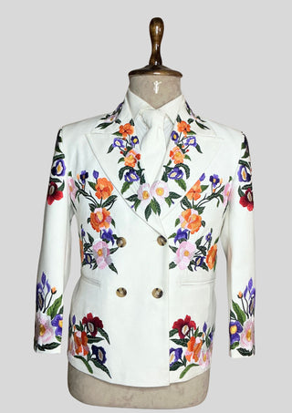 Men’s White Country Western Floral Embroidered Double Breasted Blazer – Cowboy Wedding & Party Wear