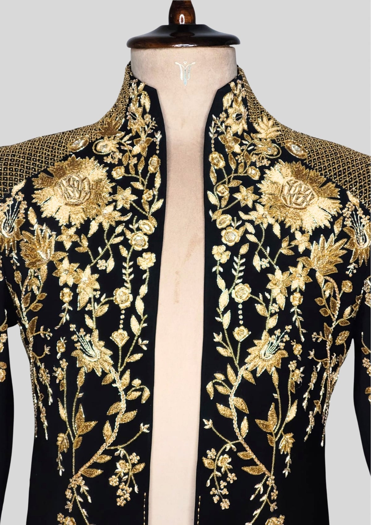 Men’s Black Gold Embroidered Designer Blazer with Satin Shirt – Luxury Wedding & Party Outfit