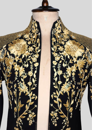 Men’s Black Gold Embroidered Designer Blazer with Satin Shirt – Luxury Wedding & Party Outfit