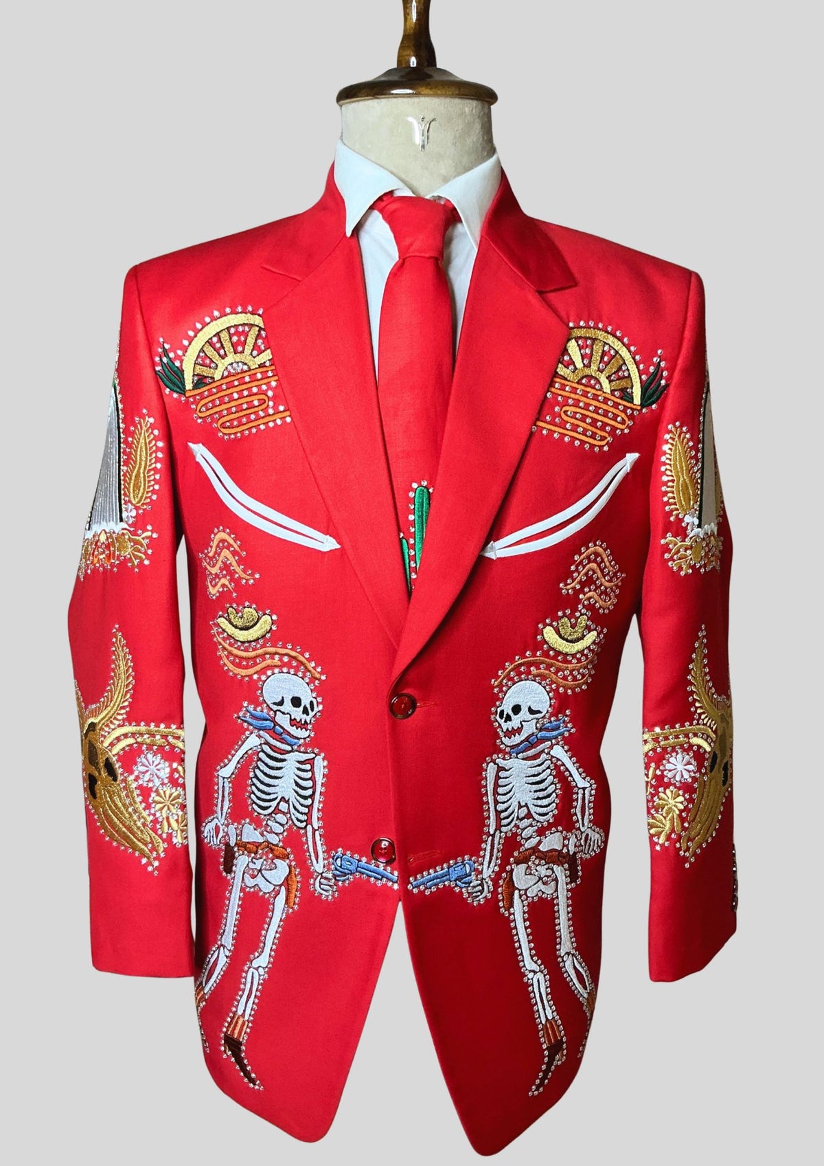 Men’s Red Country Western Skeleton Embroidered 2 Piece Suit Rhinestone Detailing Western Cocktail Party Outfit